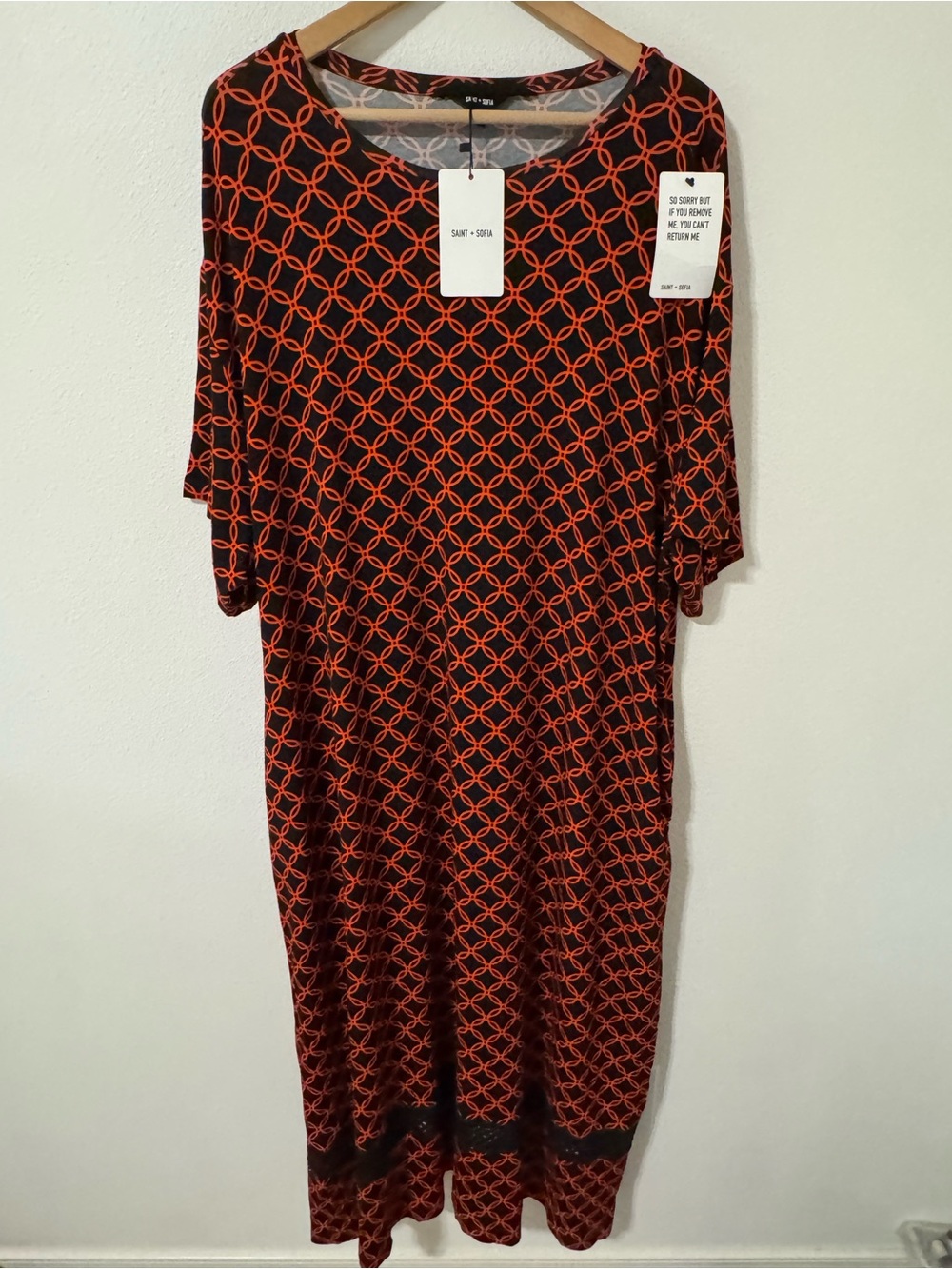 Saint + Sofia Warren Mosaic Geometric Print Dress Orange Navy Crochet NWT-14